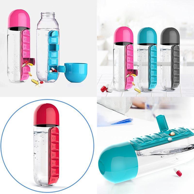 2 IN 1 Water Bottle With 7 Day Pill Box Organizer 1PC 5Colours 600ml - Discount Packaging Warehouse