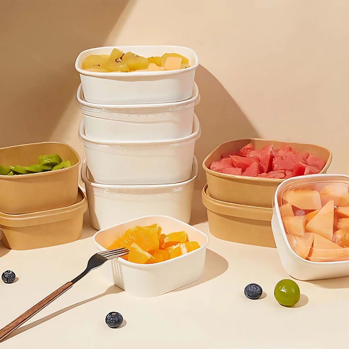 50PCS Disposable Square Food Containers with Lids 750ml Leak-Proof Kraft