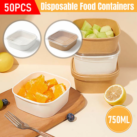 50PCS Disposable Square Food Containers with Lids 750ml Leak-Proof Kraft