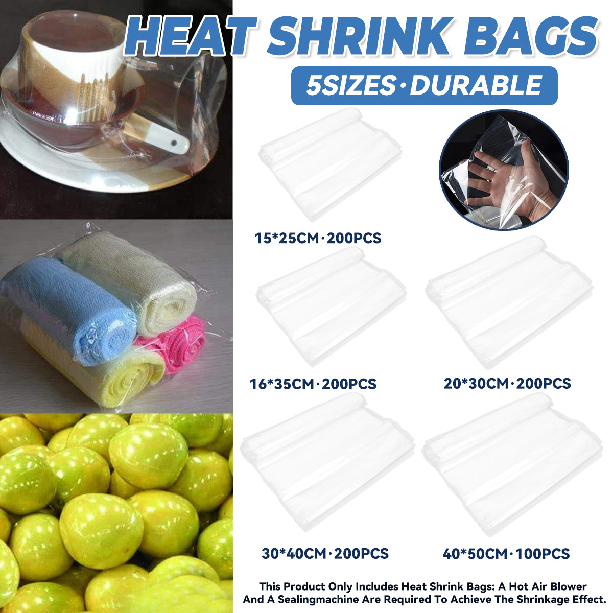 Food-Grade POF Heat Shrink Bags 100/200PCS for Vacuum Sealer Packaging