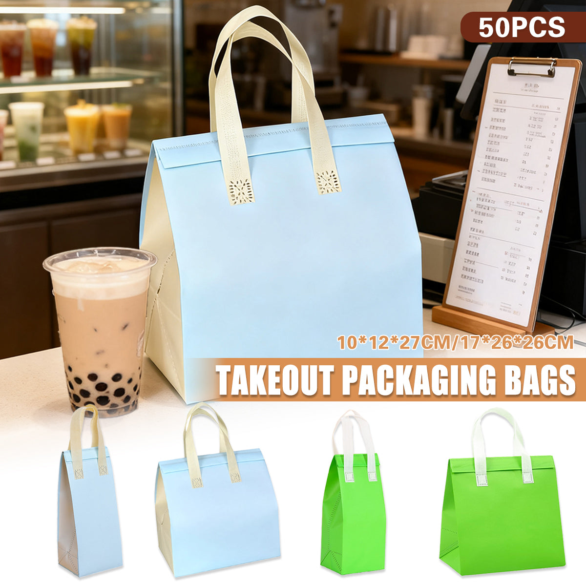 50PCS Coffee Takeaway Packaging Bags with Handle Self-Adhesive Durable