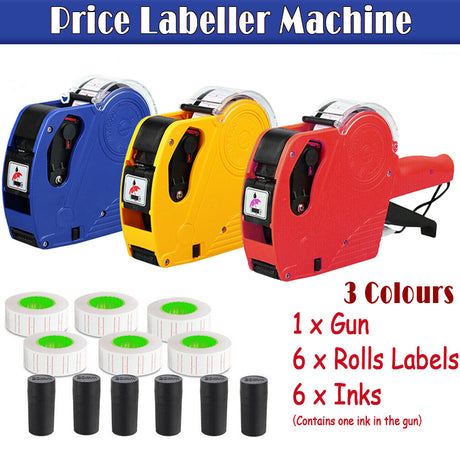 Price Tag Gun 1PC with 6 Label Rolls 6 Ink Rollers 3Colours