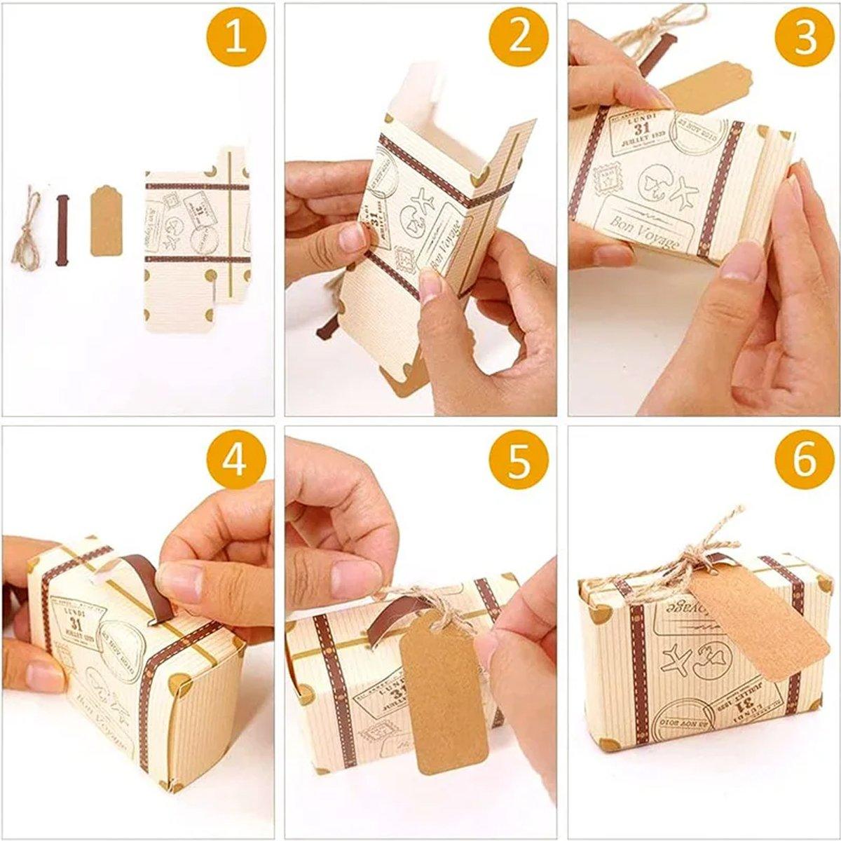 50PCS Suitcase Shaped Dessert Box White Cardboard and Kraft Paper