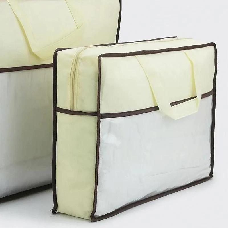 Beige non-woven fabric blanket storage bags with clear PVC