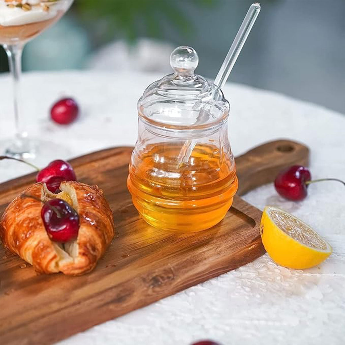 Household Glass Honey Jar with Lid 2PCS Stirring Rod Transparent Honey Bottle