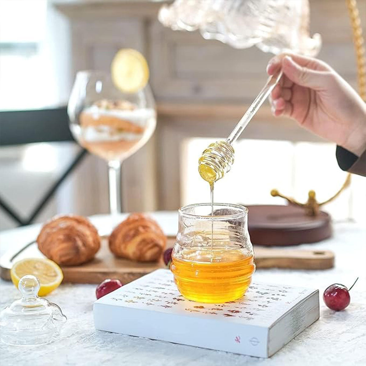 Household Glass Honey Jar with Lid 2PCS Stirring Rod Transparent Honey Bottle