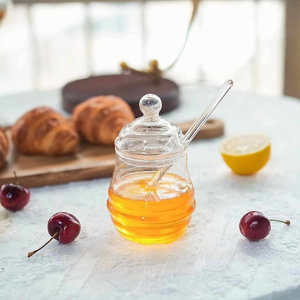 Household Glass Honey Jar with Lid 2PCS Stirring Rod Transparent Honey Bottle