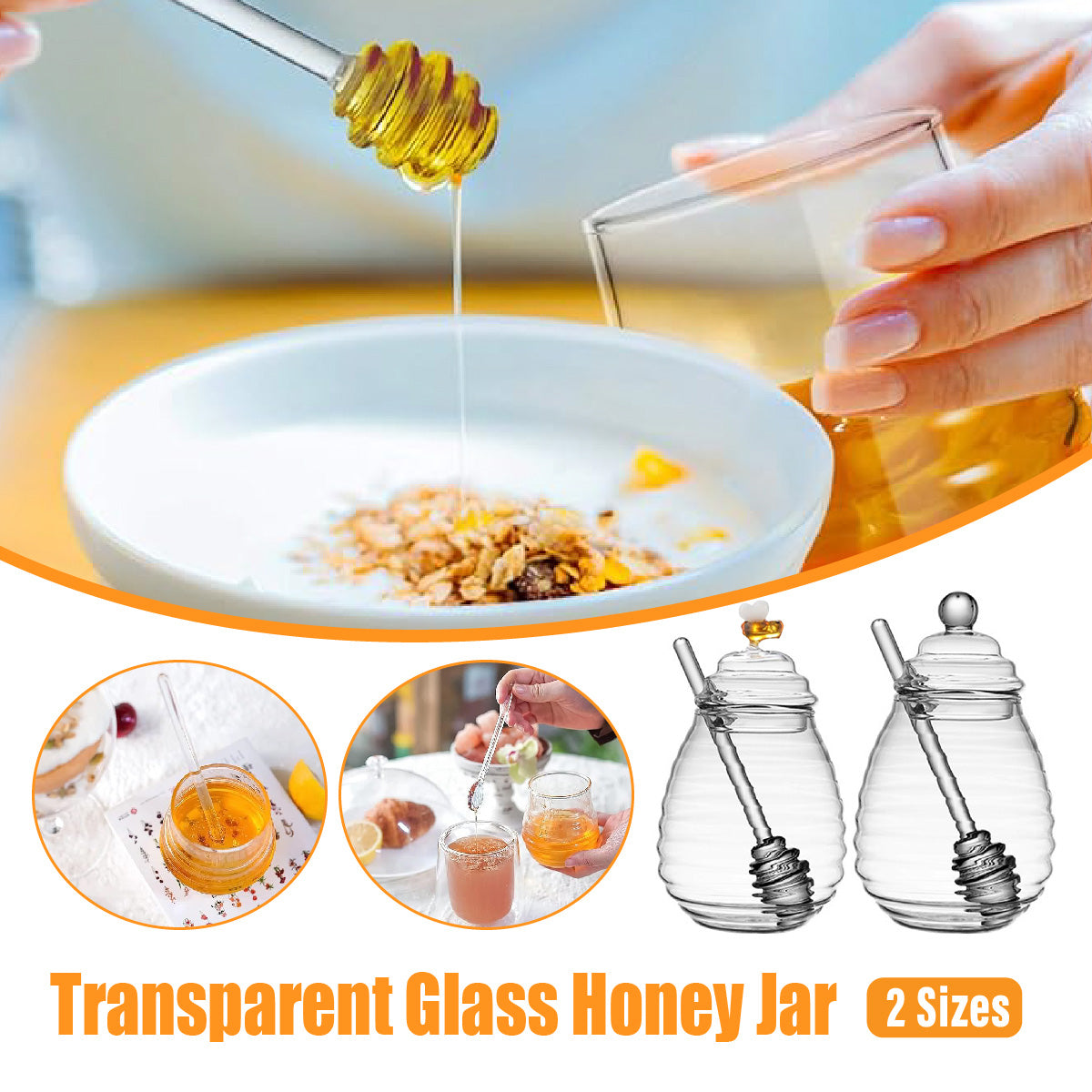 Household Glass Honey Jar with Lid 2PCS Stirring Rod Transparent Honey Bottle