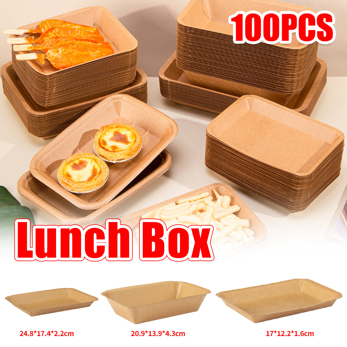 100PCS Kraft Paper Plates Food Grade Water Oil Resistant Lunch Boxes