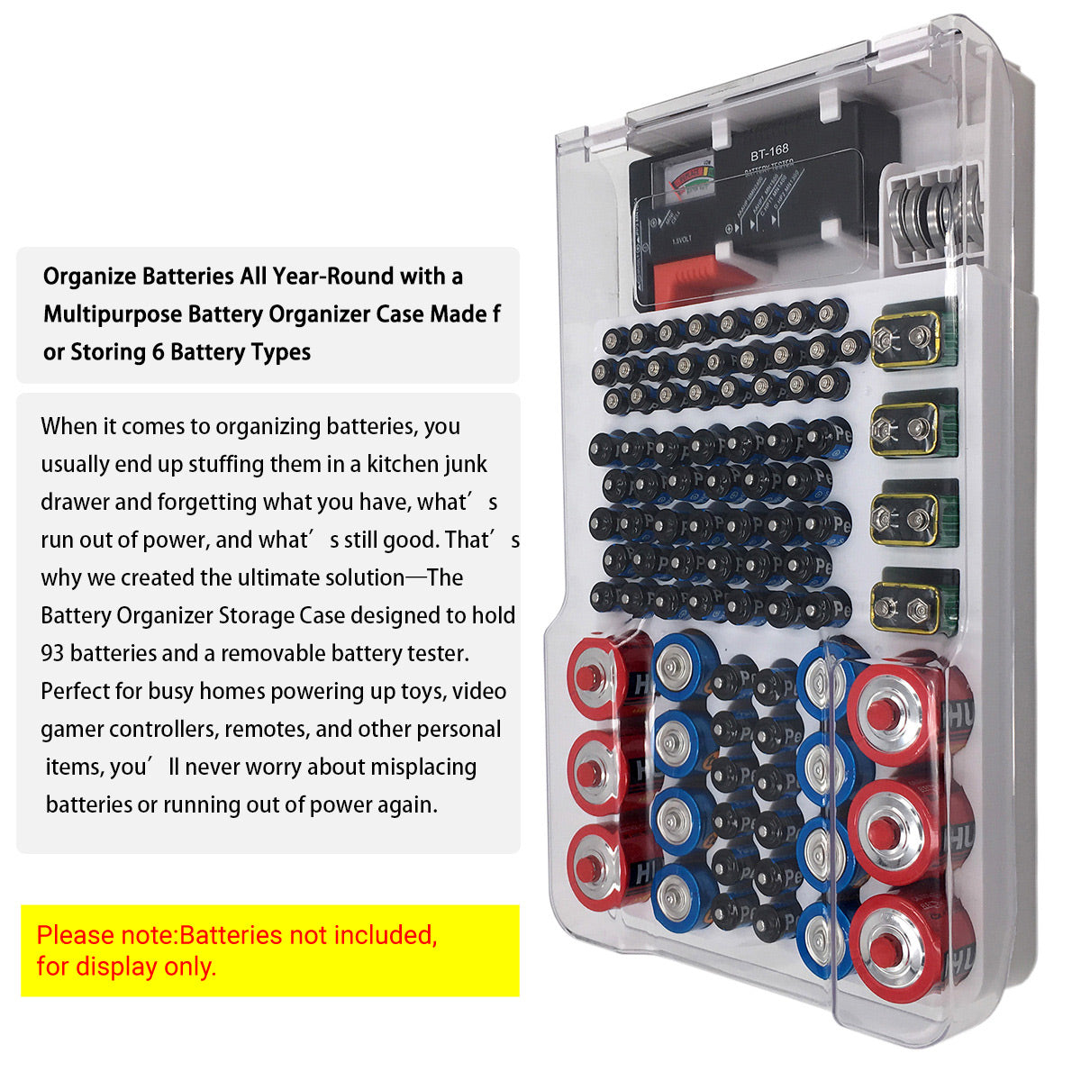 Battery Storage Box with Capacity Tester Organizer for Home Office