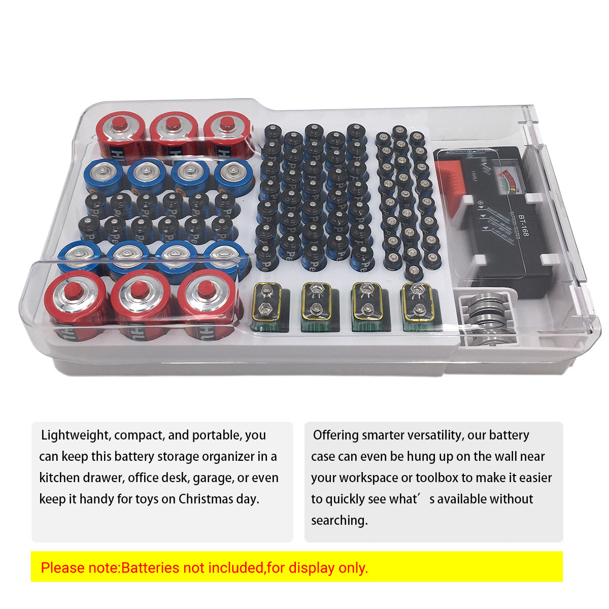 Battery Storage Box with Capacity Tester Organizer for Home Office