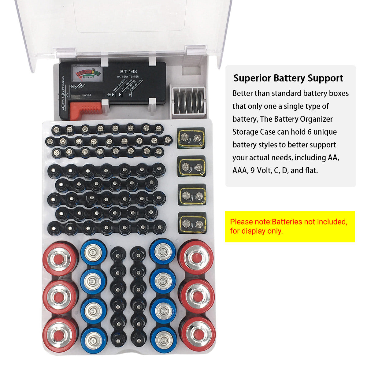 Battery Storage Box with Capacity Tester Organizer for Home Office