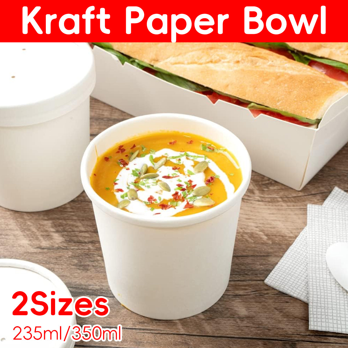50PCS 235ml 350ml Kraft Paper Soup Noodle Bowls Takeaway