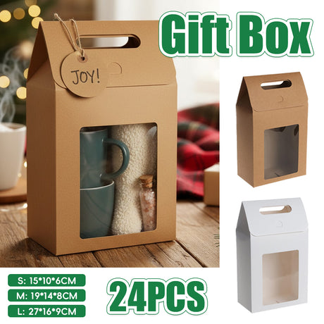 24PCS Kraft Gift Boxes with Clear Window Handle for Candy Packaging