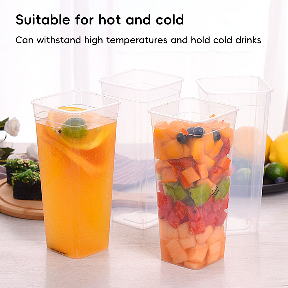 50PCS Fruit Tea Cups with Lids and Forks 650ml 960ml Takeaway Packaging