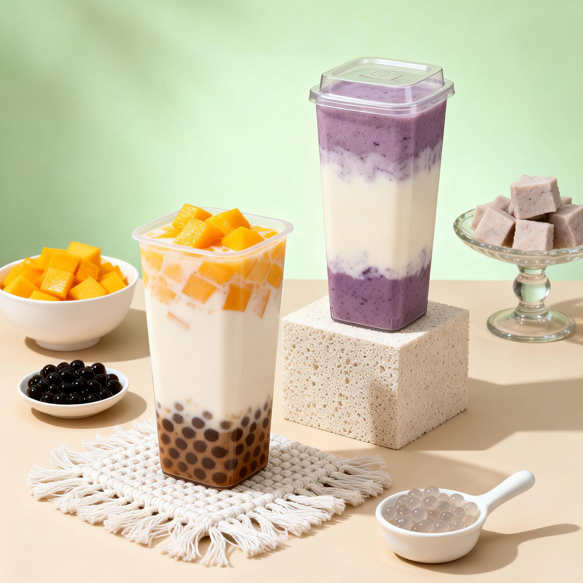 50PCS Fruit Tea Cups with Lids and Forks 650ml 960ml Takeaway Packaging