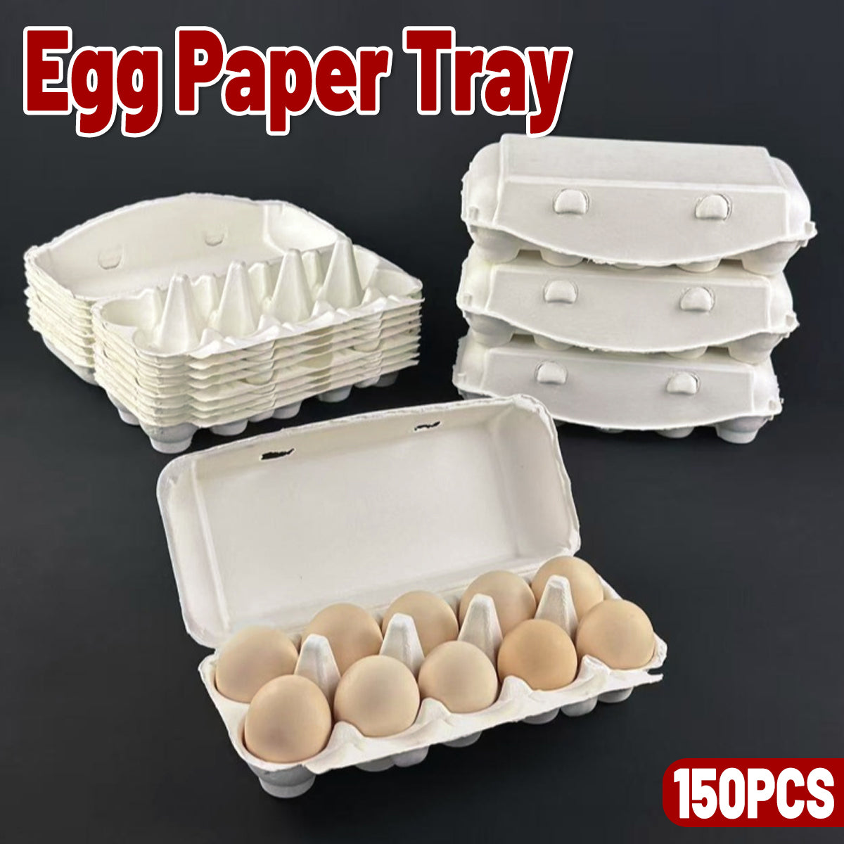 150PCS 10 Slot Paper Egg Trays Molded Pulp Stackable for Egg Packaging
