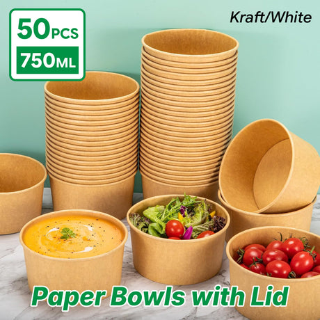 50PCS 750ml Disposable Paper Bowls with Lids Food-Grade for Takeaway Packaging