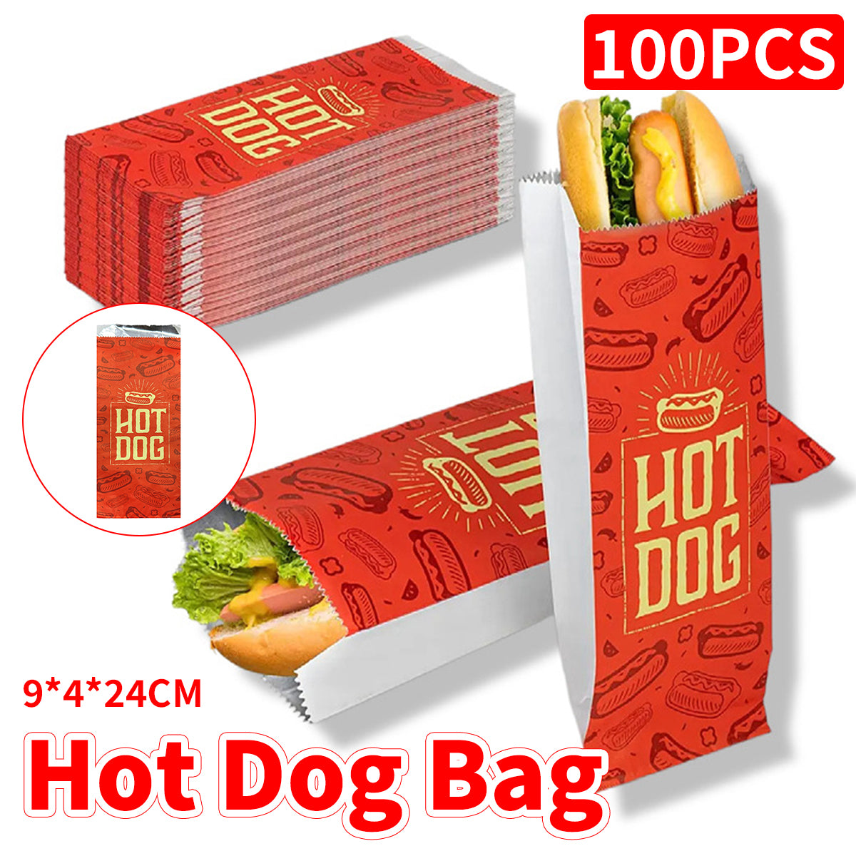 100PCS Hot Dog Foil Lined Oil Proof Takeaway Food Packaging Bags