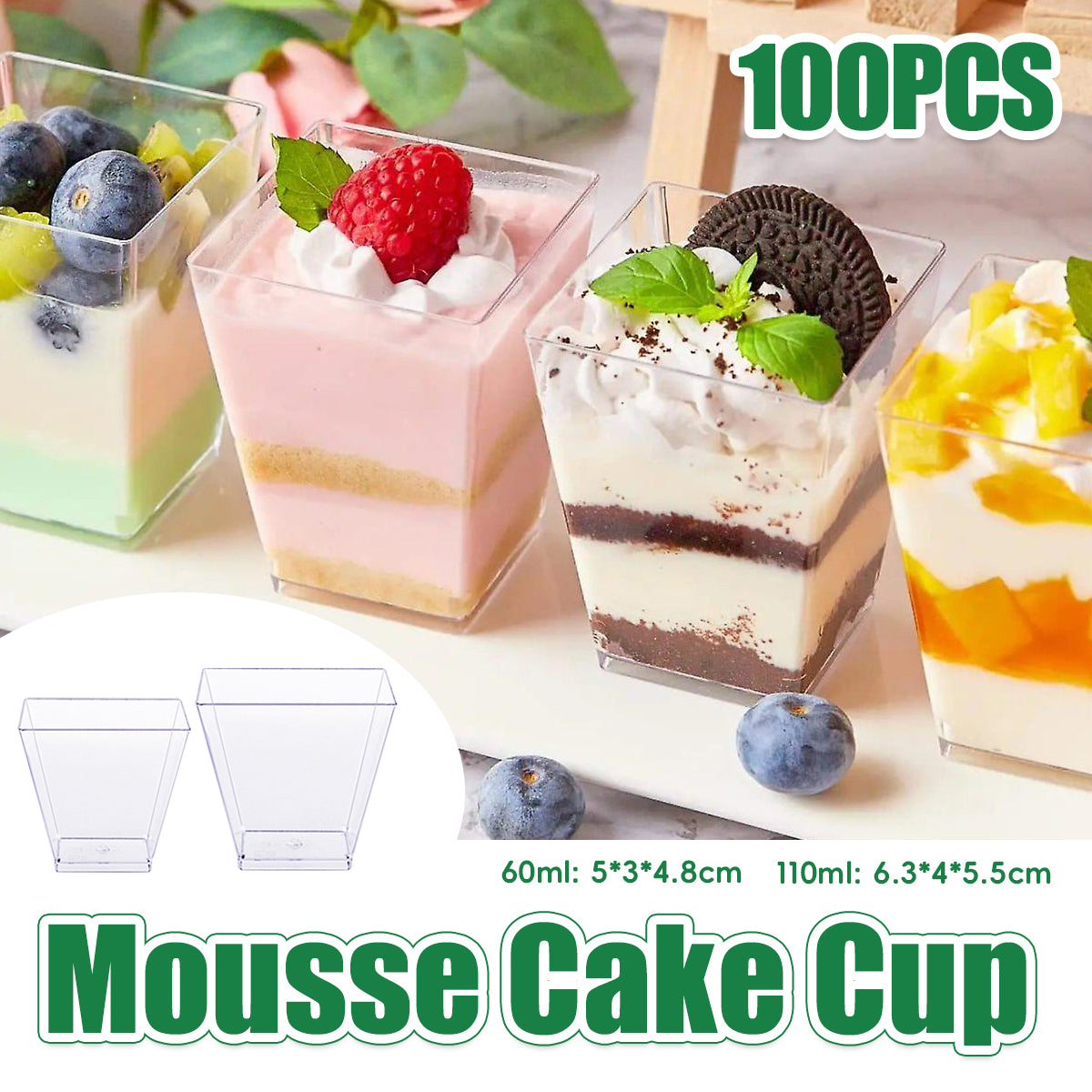 100PCS Clear Mousse Dessert Cups 60ml 110ml Square Plastic Cups