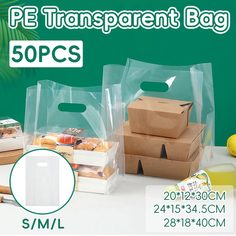 50PCS Clear PE Bags with Handles for Takeout Food Packaging