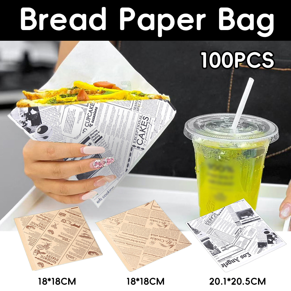 100PCS Bread Sandwich Packing Paper Bags Food Grade Oil-Proof Water-Resistant