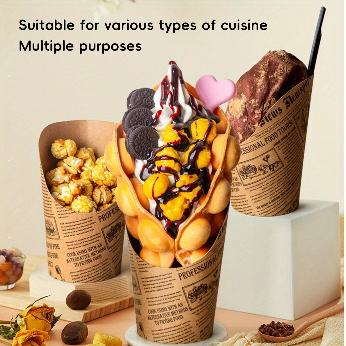 50PCS 14oz Slant Top French Fry Paper Cups Greaseproof Kraft Snack Containers