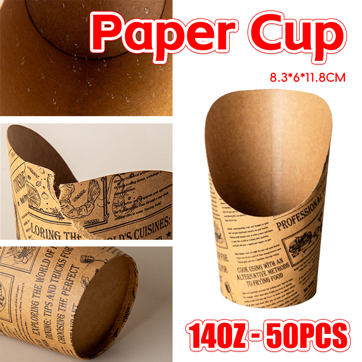 50PCS 14oz Slant Top French Fry Paper Cups Greaseproof Kraft Snack Containers