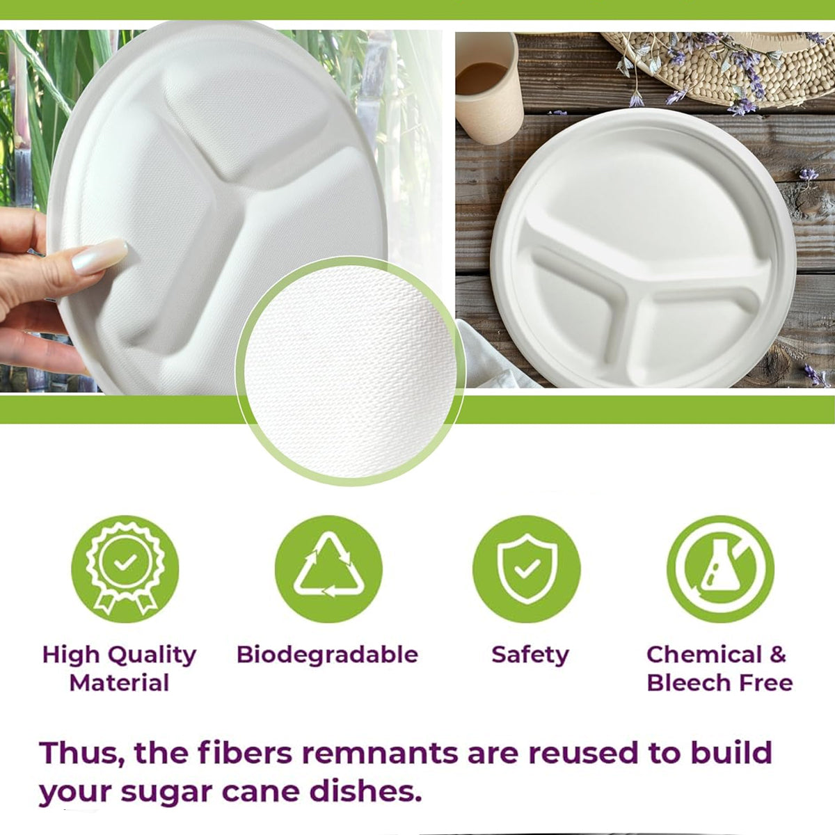 50PCS 9/10 Inch Pulp Plates 3-Compartment Oil Water Proof