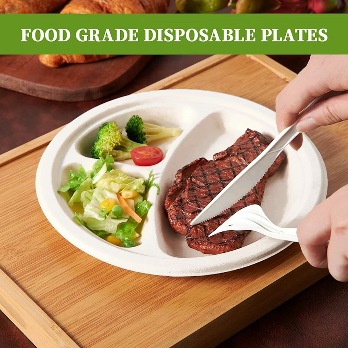 50PCS 9/10 Inch Pulp Plates 3-Compartment Oil Water Proof
