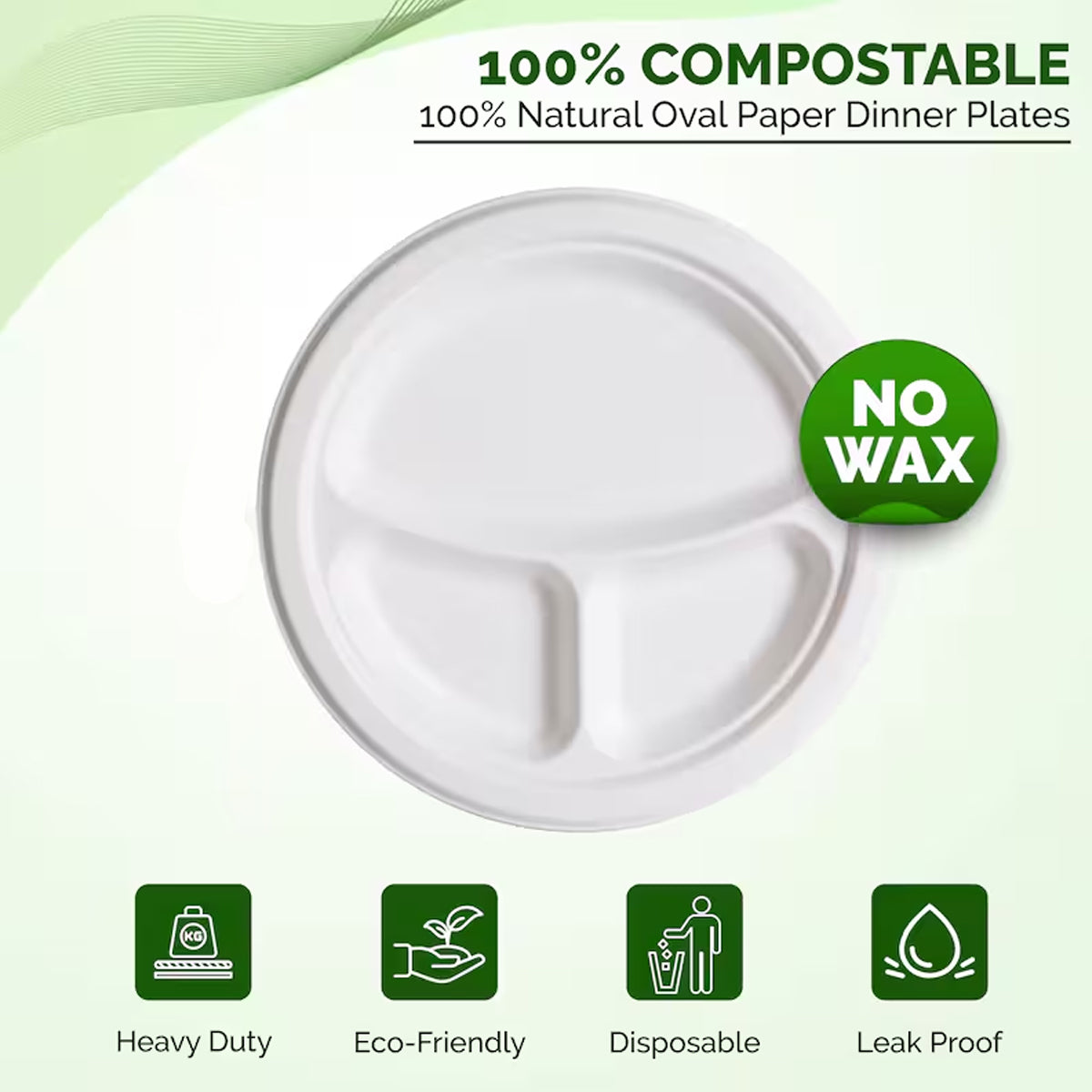 50PCS 9/10 Inch Pulp Plates 3-Compartment Oil Water Proof