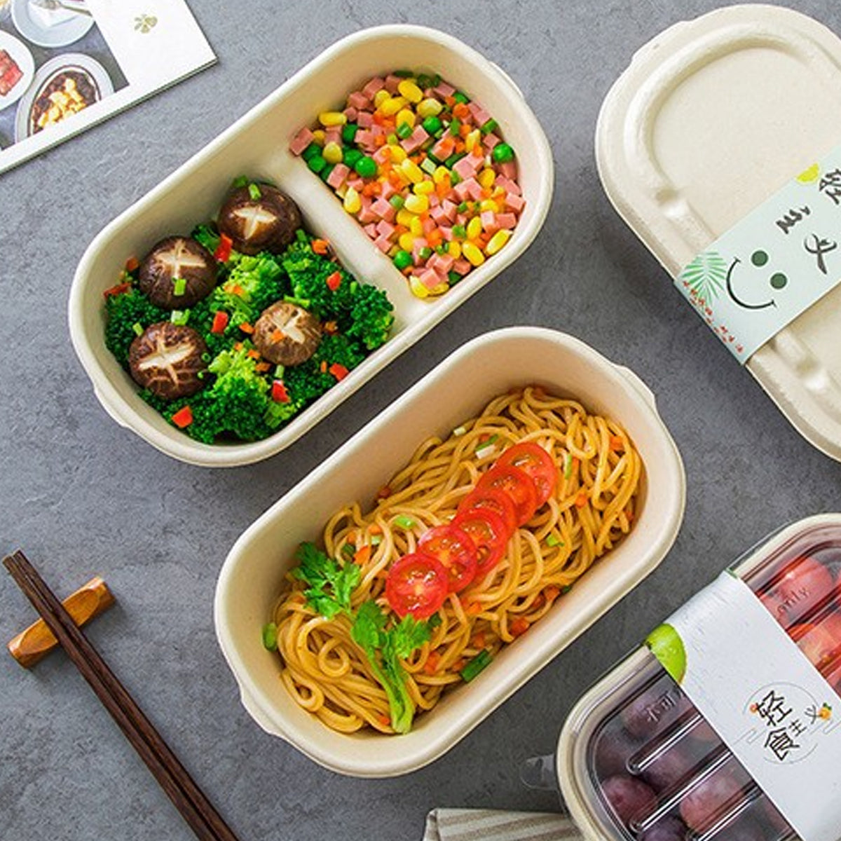 50PCS Disposable Two Compartment Salad Box Leakproof Meal Container