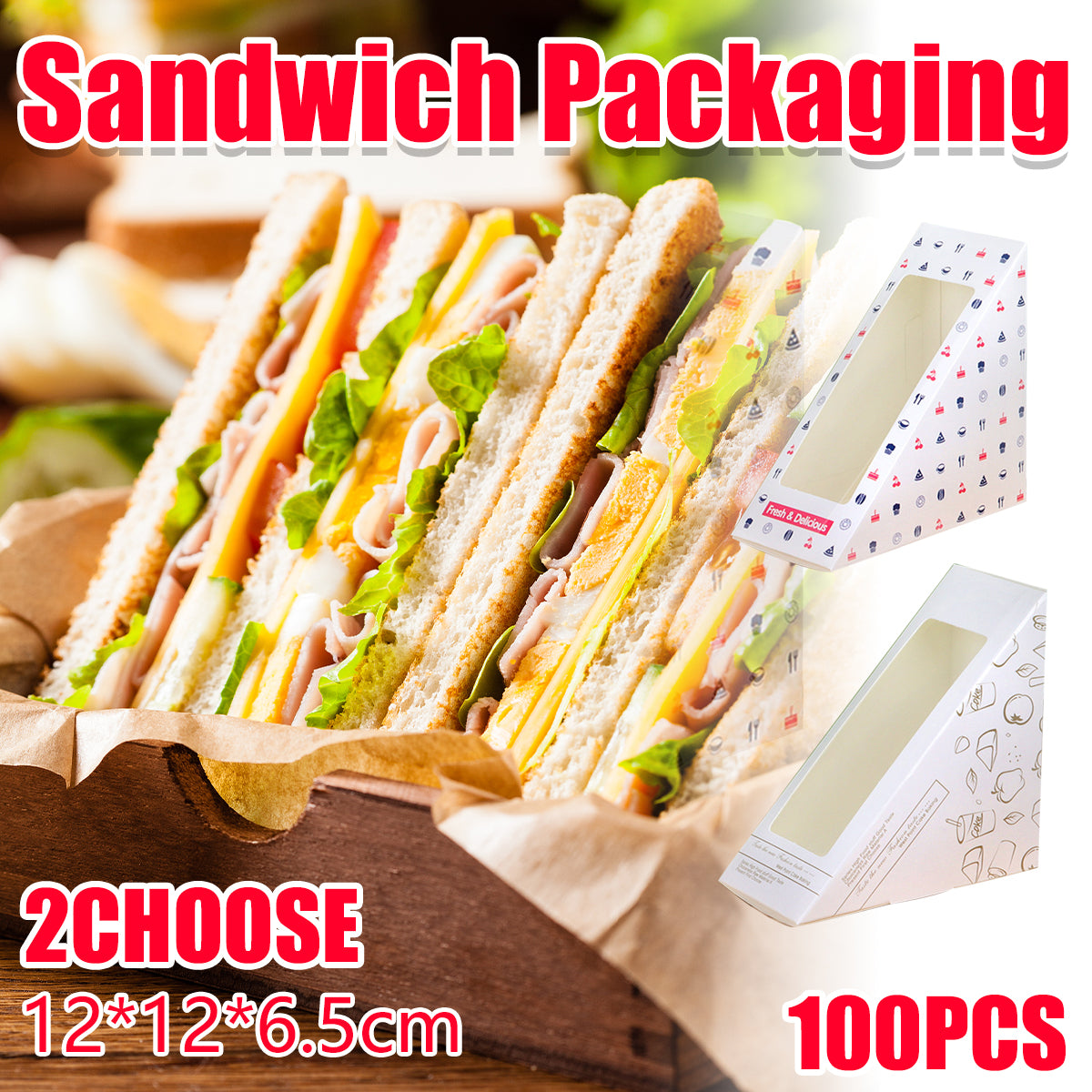 100PCS Transparent Window Sandwich Packaging Boxes Disposable Leakproof Food Safe
