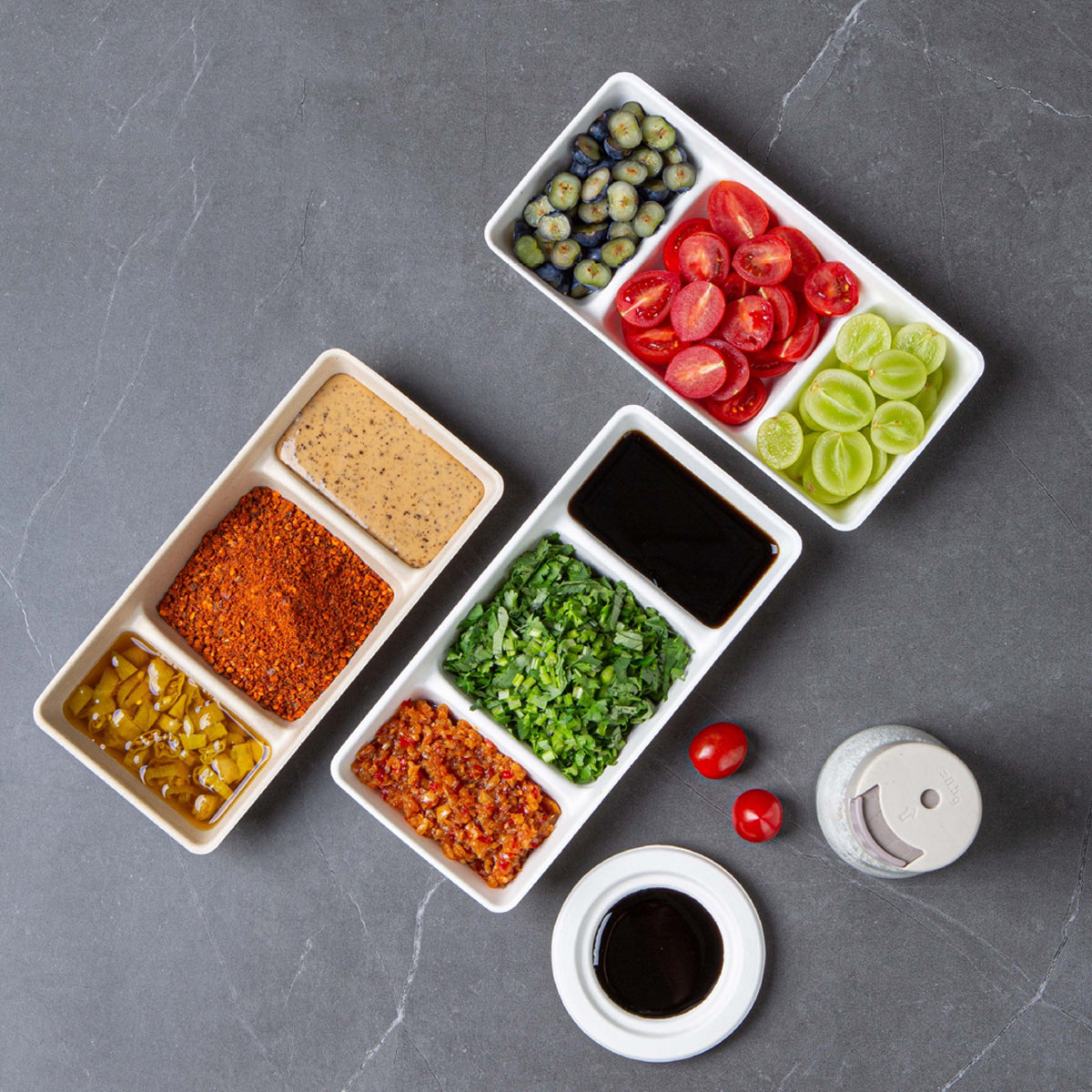 30PCS Disposable Pulp Three Compartment Dip Box for Sushi BBQ Condiment