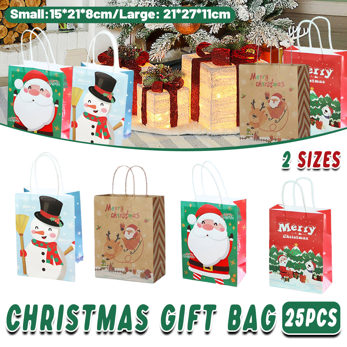25PCS Christmas Tote Bags Kraft Paper Gift Bags