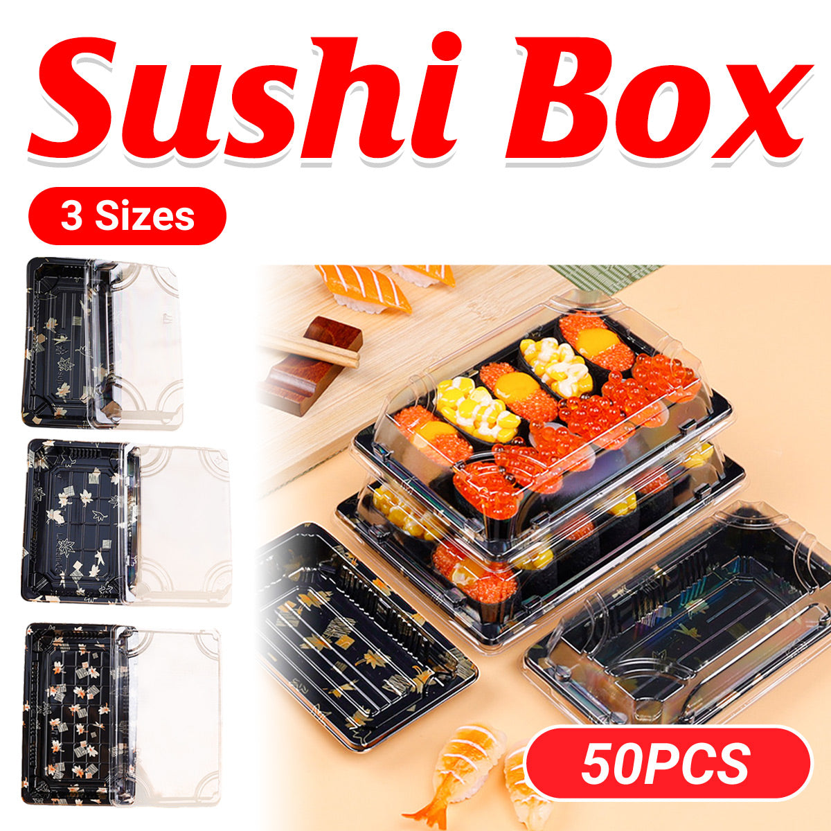 Disposable Transparent Plastic Sushi Salmon Packaging Box Food Grade 50PCS