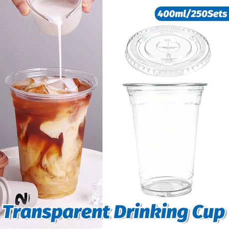 250Sets Transparent Drinking Cups with Lids 400ml Food-Grade