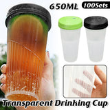 100 Sets 650ml Transparent Drinking Cups with Lids Party Use