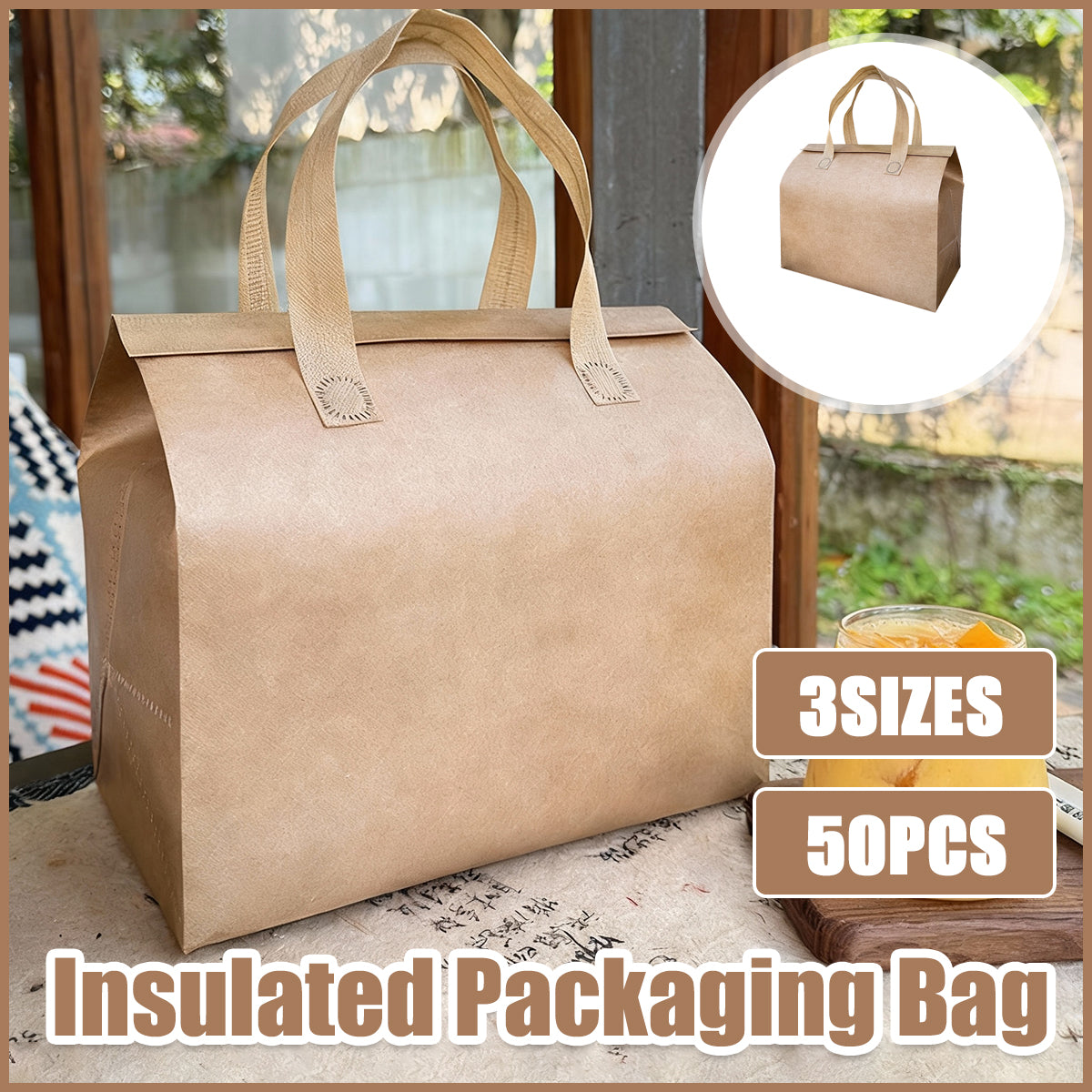 50PCS Thermal Insulated Takeaway Bags with Handles for Food Delivery