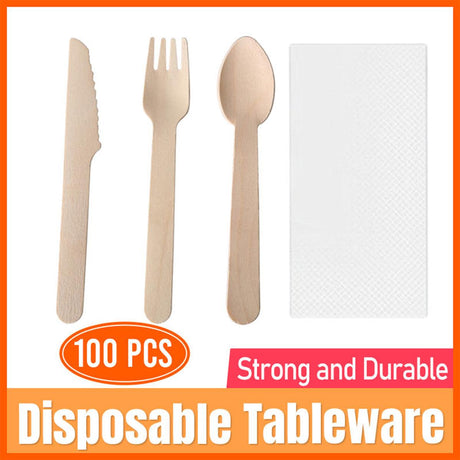 Upgrade your tableware with this 100-piece biodegradable wooden set. Perfect for parties, picnics, or everyday use. Sturdy, eco-friendly, and disposable – order yours today!