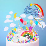 Whimsical unicorn cake topper with rainbow mane and golden horn