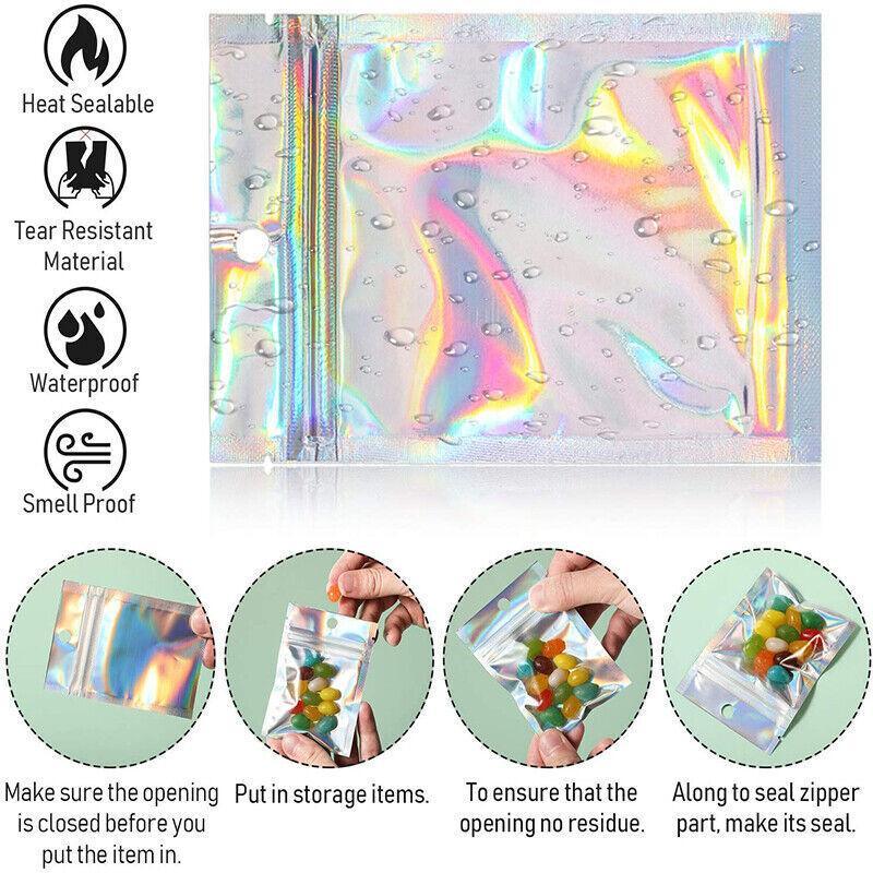 Sparkling iridescent Ziploc bags filled with colorful craft supplies, enhancing the visual appeal of everyday storage.