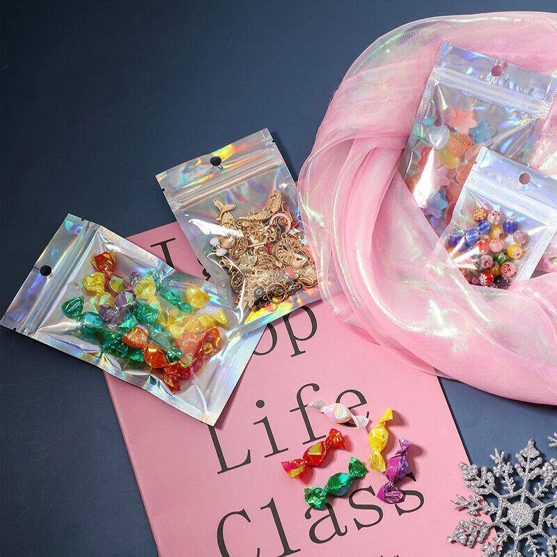 Sparkling iridescent Ziploc bags filled with colorful craft supplies, enhancing the visual appeal of everyday storage.