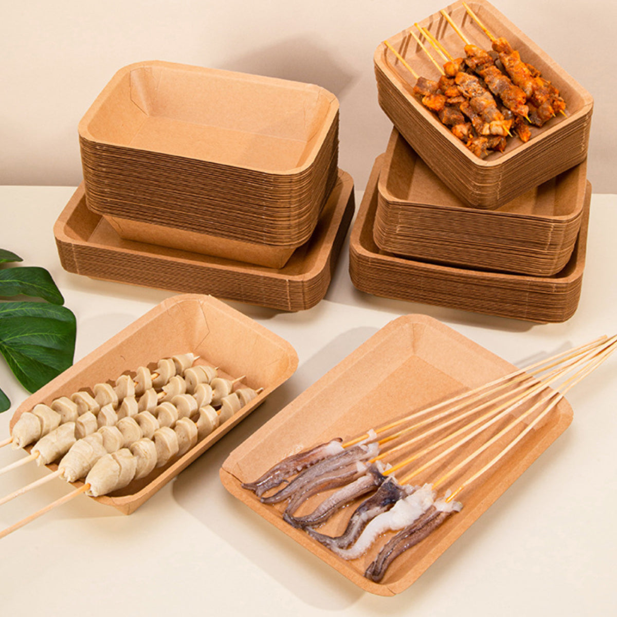 100PCS Kraft Paper Plates Food Grade Water Oil Resistant Lunch Boxes