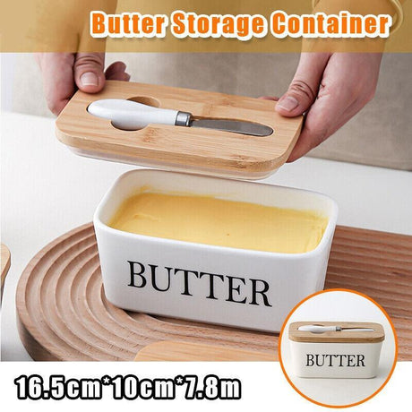 Ceramic Butter Dish with Bamboo Lid & Cutter 1PC 600ml - Discount Packaging Warehouse