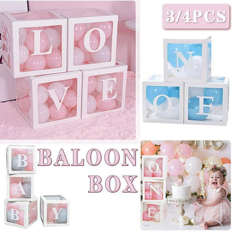 Clear balloon boxes filled with colorful balloons for party decor