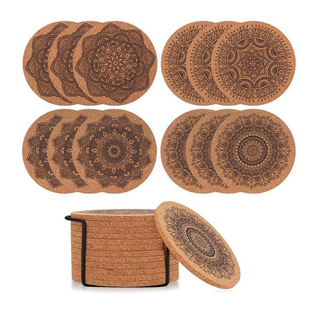 Cup Coasters With Iron Holder 12PCS 10x0.5cm Round Cork - Discount Packaging Warehouse