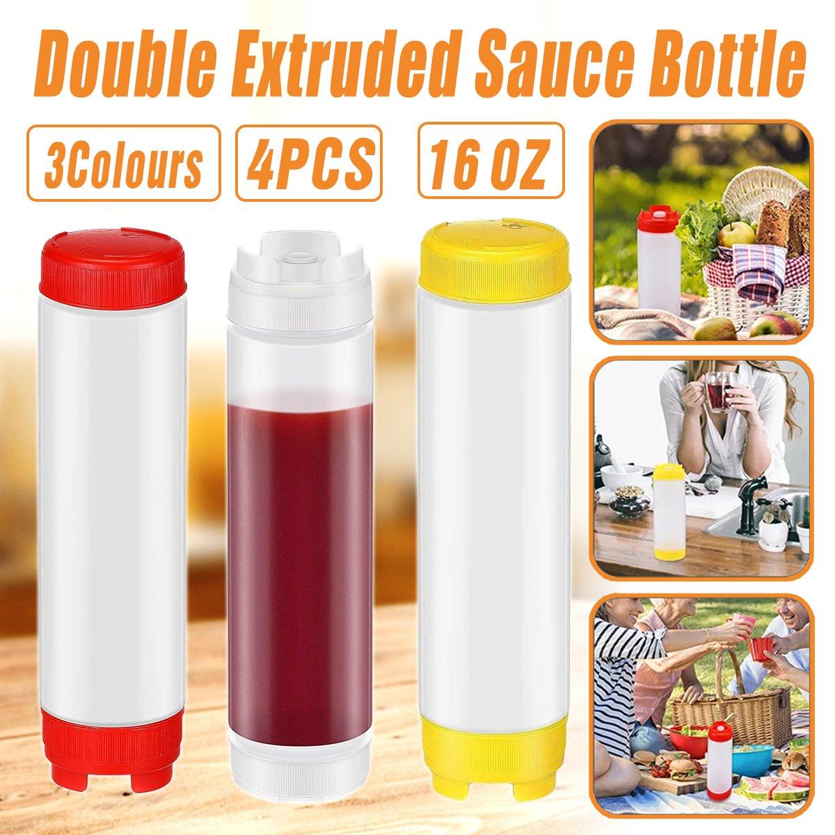 Double-Ended Sauce Dispenser Bottles 4PCS 3Colours 16Oz PE/PP Large Capacity - Discount Packaging Warehouse