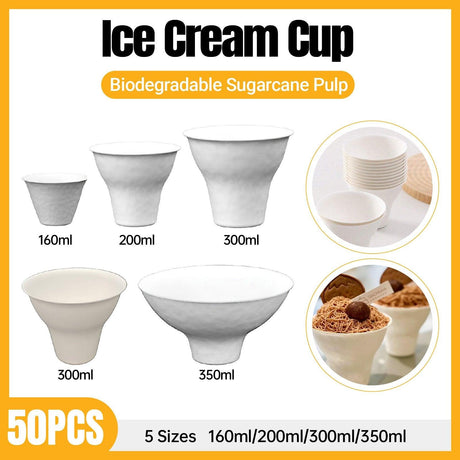 Eco-Friendly Disposable Sugarcane Pulp Ice Cream Cups - 50pcs