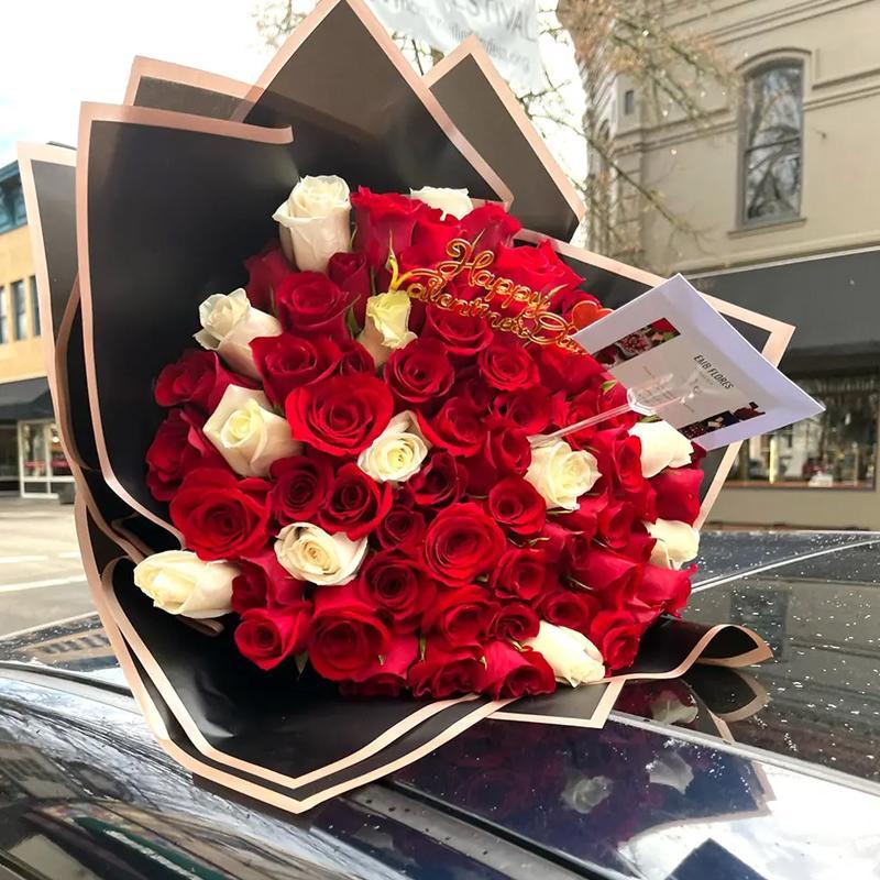 Bouquet of flowers wrapped in elegant flower wrapping paper